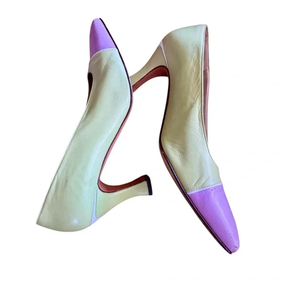 Vtg ST JOHN Lime Green Lavender Color Block Pumps 7.5 B Classic Rare 80s - Picture 2 of 8